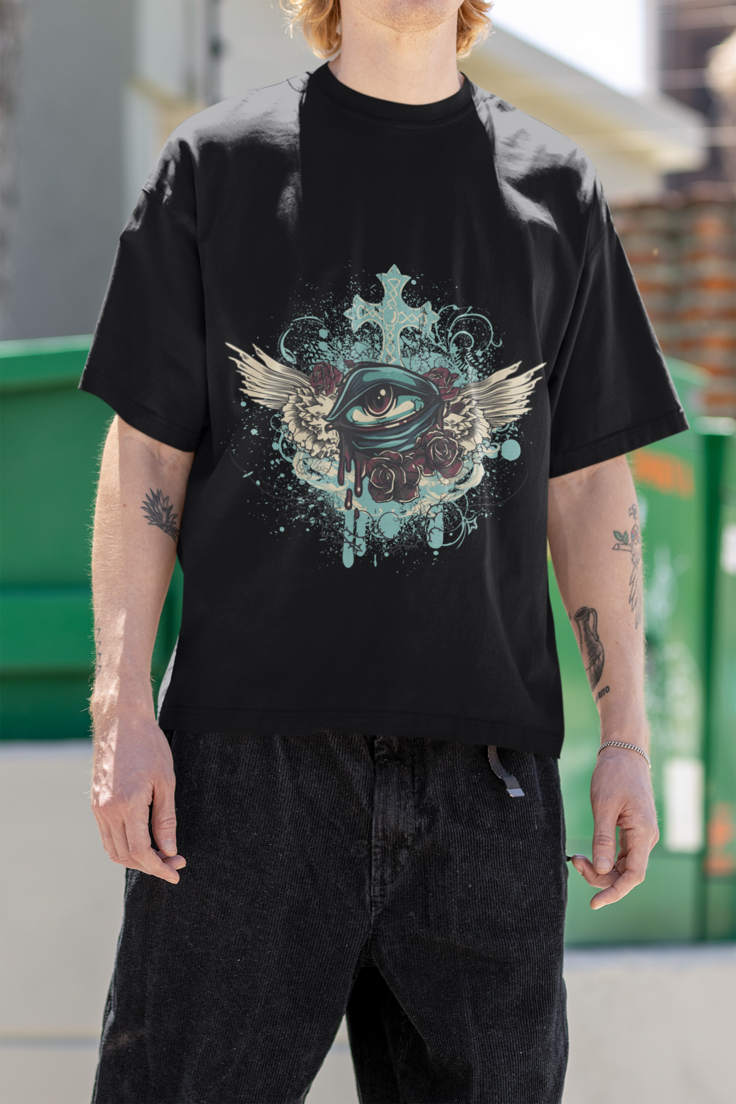 Eye Wings Black Oversize Graphic Printed Tshirt