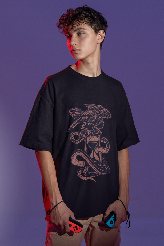 Hourglass Graphic Printed Black Oversized Tshirt