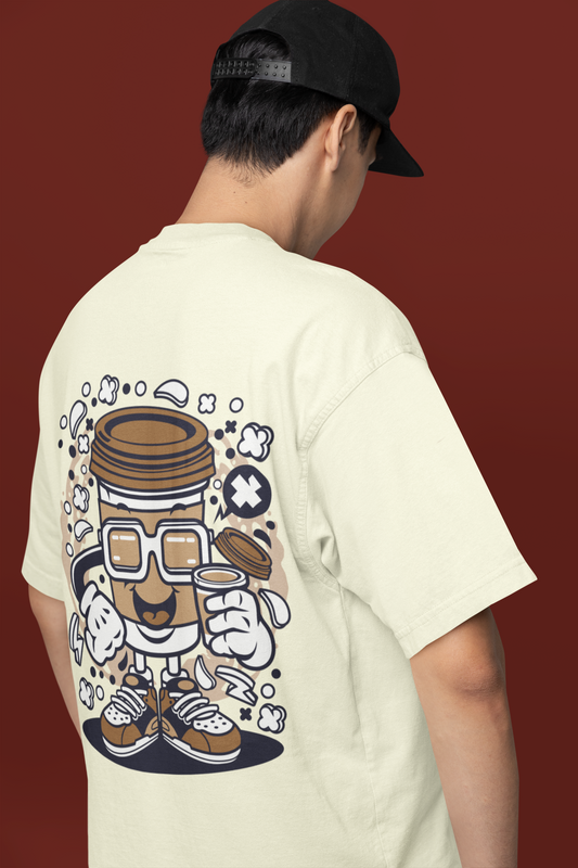 Coffee Cup Graphic Printed Off-White Oversized Tshirt