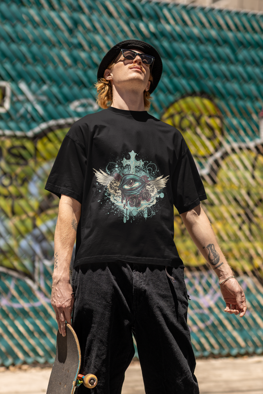 Eye Wings Black Oversize Graphic Printed Tshirt