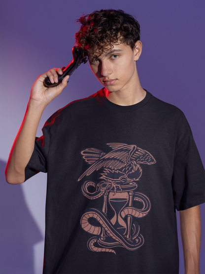 Hourglass Graphic Printed Black Oversized Tshirt