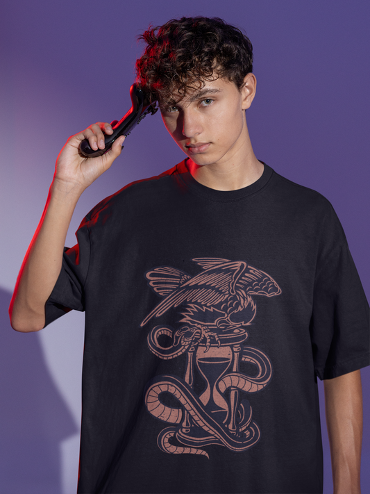 Hourglass Graphic Printed Black Oversized Tshirt